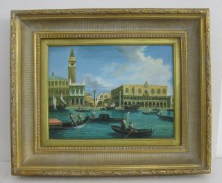Vintage 60s Venice Canal Scene Oil Painting On Wood In Ornate Gilt Frame 19x23