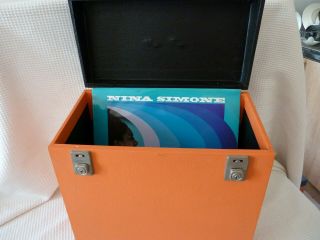 Vintage Wood Lp Record Box Carry Case Hinged Vinyl Orange/black Retro With Key