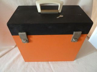 Vintage Wood LP Record Box Carry Case Hinged Vinyl Orange/Black Retro with Key 2