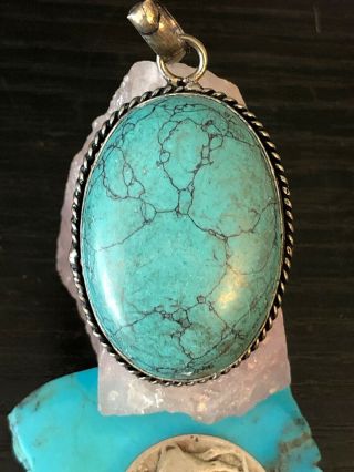 Vintage Native American Taxco Signed Turquoise Sterling Silver Sun Pendant 11 G