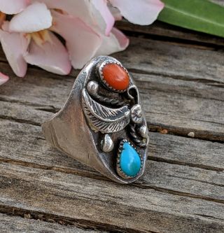 Navajo Vintage Heavy Sterling Silver Kingman Turquoise Coral Ring Sz:8.  5