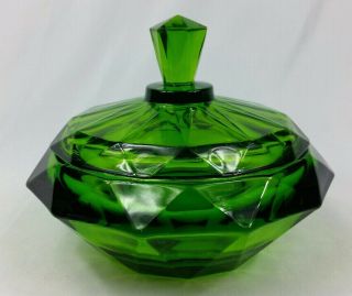Vintage Emerald Green Viking Glass Diamond Point Covered Candy Dish Euc