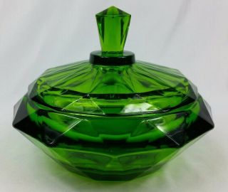 Vintage Emerald Green Viking Glass Diamond Point Covered Candy Dish EUC 2