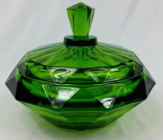Vintage Emerald Green Viking Glass Diamond Point Covered Candy Dish EUC 3