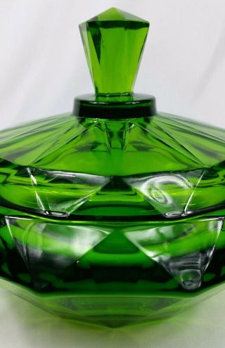 Vintage Emerald Green Viking Glass Diamond Point Covered Candy Dish EUC 8