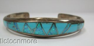 Vintage Navajo Indian Sterling Silver Turquoise & Opal Inlay Waves Cuff Bracelet