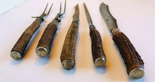 Vtg Sterling Silver Serving Knife & Fork Set Stag Antler Handle Sharpening Steel