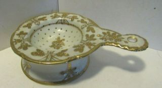 Vintage Nippon Tea Strainer With Undercup Gilded Deco On White