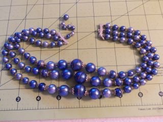(JAPAN) Vintage Triple - Strand Graduated Shades Metallic BLUE Necklace 15N517 2