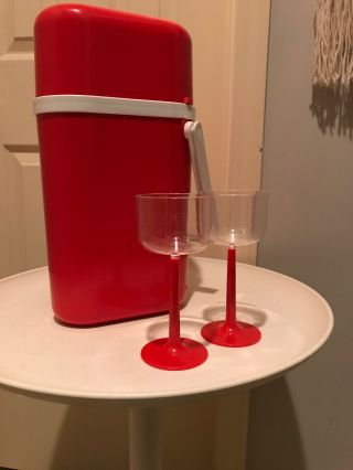 Vtg Ingrid Of Chicago Melamine Cooler Portable Wine Bottle Chiller Red,  2 Glasse