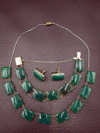 Vintage Necklace,  Bracelet & Earring Parure Set Sterling Silver & Jade Cabochons