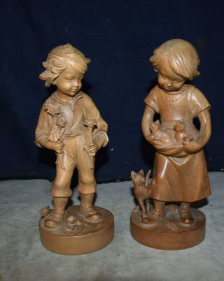 Magnificent Vintage Pair Anri Wood Carved Tall Boy And Girl Figures - Fine Detail