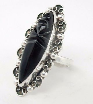 Vintage Sterling Silver Ring With Marquise Cut Black Onyx Size 10 Sku 10.  16.  11