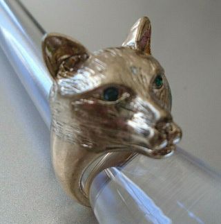 Vintage Gold Tone Green Jewel Eyes Panther Cat Jaguar Ring Size 5