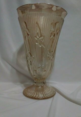 Vintage Iridescent Pastel Peach Iris And Herringbone Vase Jeannette Glass Co.