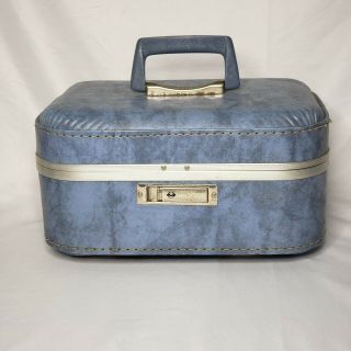 Blue Small Vintage Travel Train Case Luggage Suitcase Hard Shell Makeup Case