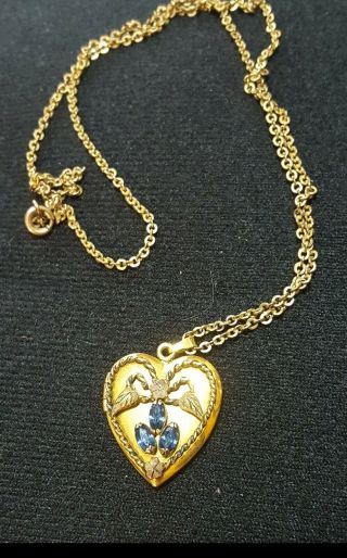 Vintage 1/20 12k Gold Filled Heart Locket Blue Rhinestones Engraved Bill To June