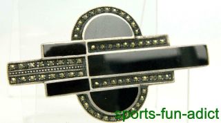 Art Deco Style Vtg Black Onyx Marcasite 925 Sterling Silver Designer Pin Brooch