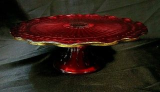 Vintage Ruby And Gold Glass Pedestal Cake Stand W/circular Plate,  Ruffled Rim