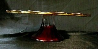 VINTAGE RUBY and GOLD GLASS PEDESTAL CAKE STAND w/Circular Plate,  Ruffled Rim 2