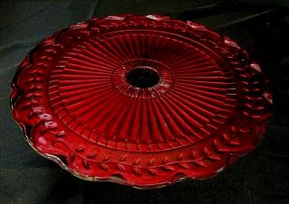 VINTAGE RUBY and GOLD GLASS PEDESTAL CAKE STAND w/Circular Plate,  Ruffled Rim 4