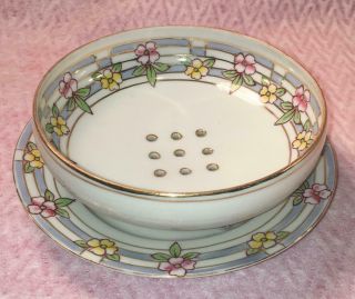 Vintage Nippon Pink Yellow Floral Flower Berry Bowl Strainer & Under Plate