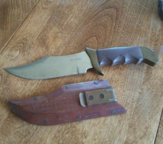 Vintage M Spain Bowie Knife 6 " Blade Wood Handle And Sheave With Brass & Clip
