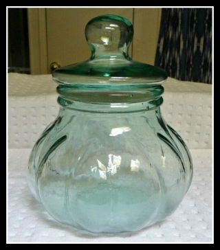 Vintage Large Green Glass Pumpkin - Shaped Apothecary Jar From Italy 2