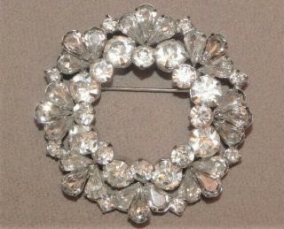 Vintage Signed Weiss Clear Rhinestone Open Circle Wreath Pin Silver Tone Brooch