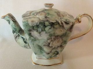 Vintage Floral Teapot Green White With Rose Gold Gibson’s Staffordshire England