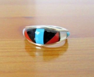 Vintage Native American Zuni Ring Sterling Silver Turquoise Coral Inlay 1.  8 G.
