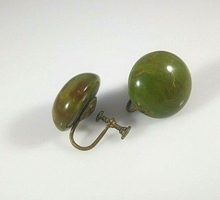 Vintage Marbled Green Brown Bakelite - Screw - Back Earrings