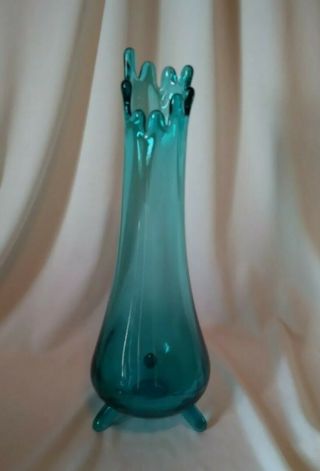 Vintage Teal Blue Green Stretch Art Glass 3 Toed Footed Bud Vase