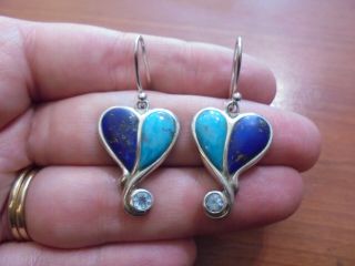 Vtg Sterling Silver Turquoise Lapis Heart Dangle Hook Earrings 10.  6 Grams