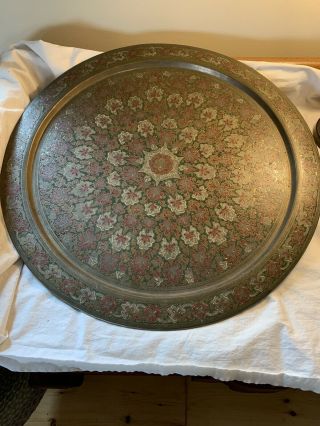 Large Vintage Hand Painted Serving Tray India Brass Ornate Table Top Enameled