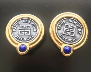 Vintage Signed Givenchy Paris Ny Logo Round Gold Blue Cabachon Clip On Earrings
