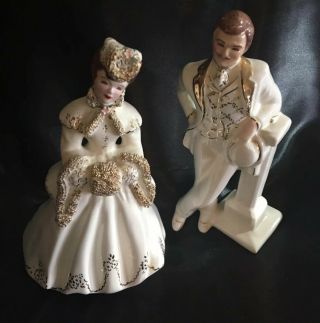 Vintage Florence Ceramics " Elaine " And " Jim " Figurines Ivory W/ Gilt Trim
