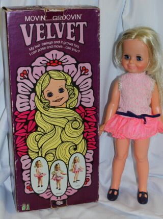 Vtg 1971 Ideal Velvet Hair Swing Pose Move Doll Pink Dress