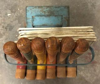 Vintage Wooden Croquet Set With Metal Carry Cart 6 Clubs 5 Balls 2