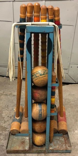 Vintage Wooden Croquet Set With Metal Carry Cart 6 Clubs 5 Balls 4