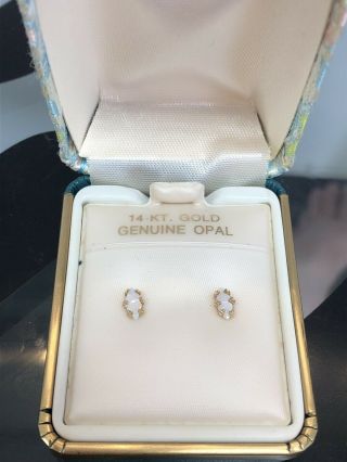 Classic Vintage Box 14k Gold Marquises Opal Earring Studs
