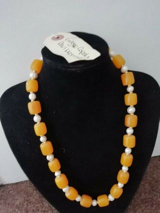 Vintage Copal Amber And Pearl Necklace