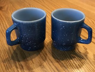 2 Vtg Fire King Dark Blue Speckled Milk Glass Oven Proof Coffee Mugs W/d Handle
