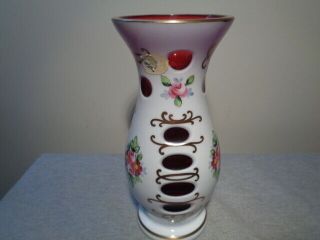 Vintage Bohemia Czechoslovakia White Cut To Cranberry Vase Roses