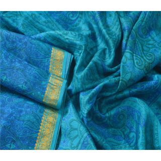 Sanskriti Vintage Blue Saree 100 Pure Silk Printed Zari Border Fabric Sari 2