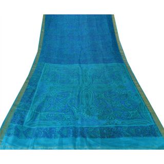 Sanskriti Vintage Blue Saree 100 Pure Silk Printed Zari Border Fabric Sari 3