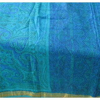 Sanskriti Vintage Blue Saree 100 Pure Silk Printed Zari Border Fabric Sari 4