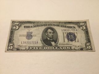 VINTAGE $5 1934 - B SILVER CERTIFICATE FIVE DOLLAR BILL LINCOLN BLUE SEAL VINSON 2
