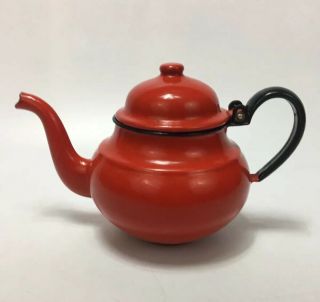 Vintage Metal Teapot Red Enamel Ware Hinged Lid Small Tea Pot 2 Cups