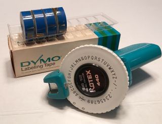 Vintage Rotex Dual Track Label Maker 3/8 1/2 Four Rolls Blue Dymo Tape